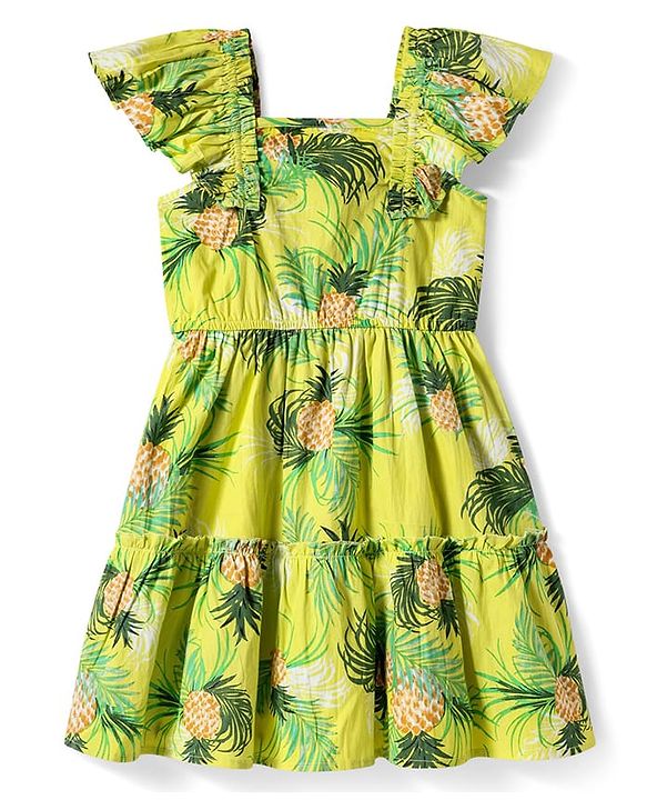 Pine Kids Cotton Woven Frill Sleeves Frock with Tropical Print - Limegreen