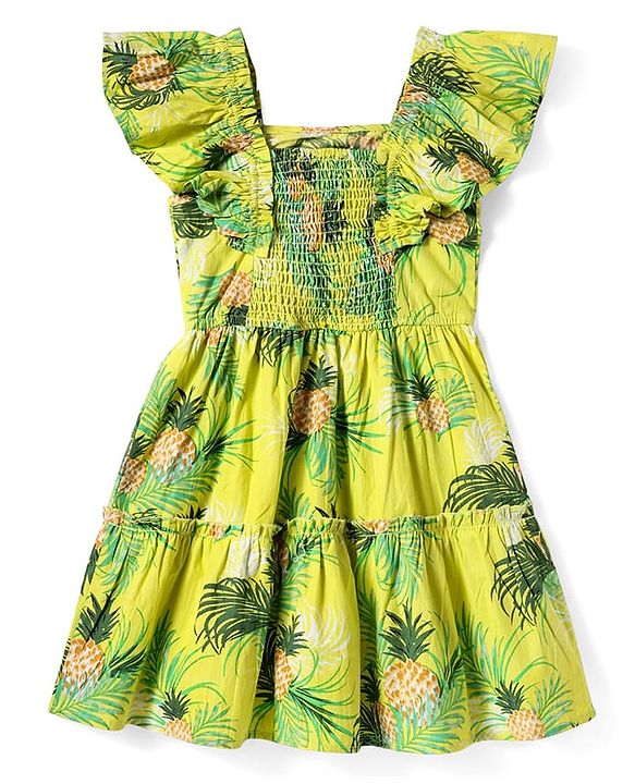 Pine Kids Cotton Woven Frill Sleeves Frock with Tropical Print - Limegreen