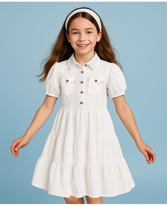 Pine Kids Cotton Woven Half Puffed Sleeves Solid Color Collared Frock - White