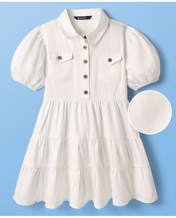 Pine Kids Cotton Woven Half Puffed Sleeves Solid Color Collared Frock - White
