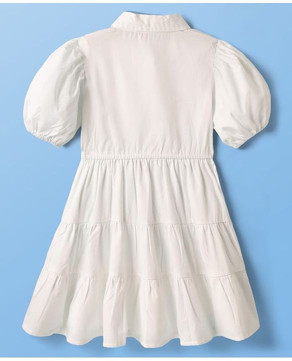 Pine Kids Cotton Woven Half Puffed Sleeves Solid Color Collared Frock - White