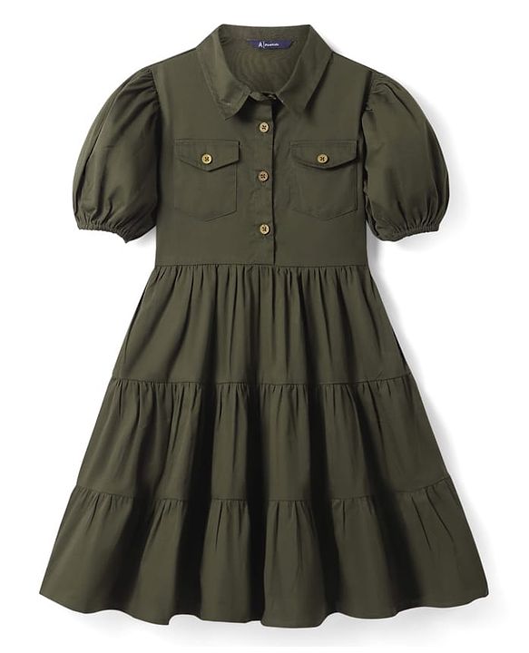 Pine Kids Cotton Woven Half Puffed Sleeves Front Open Solid Collared Dress - Olive Green