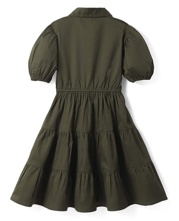 Pine Kids Cotton Woven Half Puffed Sleeves Front Open Solid Collared Dress - Olive Green