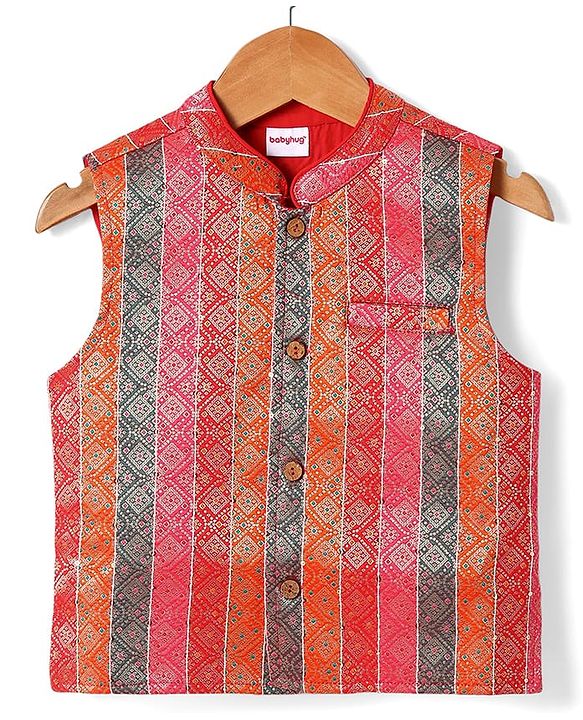 Babyhug Woven Full Sleeves Kurta Pyjama Set With Printed Jacket - Mustard