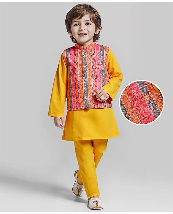 Babyhug Woven Full Sleeves Kurta Pyjama Set With Printed Jacket - Mustard