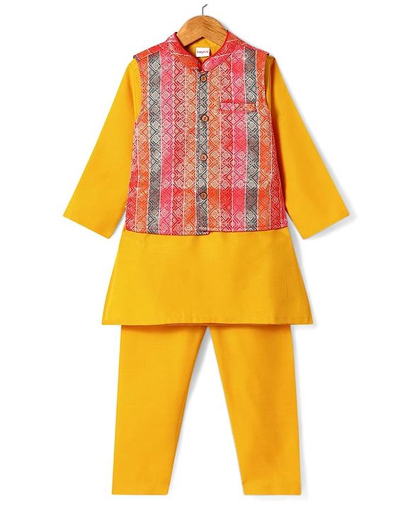 Babyhug Woven Full Sleeves Kurta Pyjama Set With Printed Jacket - Mustard