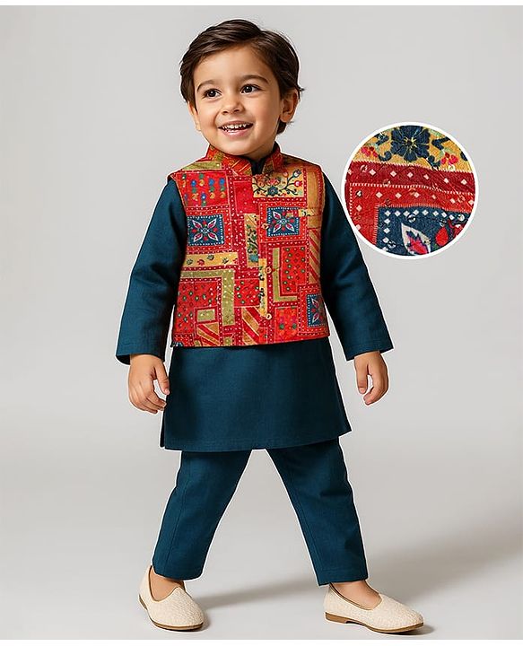 Babyhug Woven Full Sleeves Ethnic Motif Printed Kurta Pajama Set with Jacket & Sequin Detailing - Navy Blue