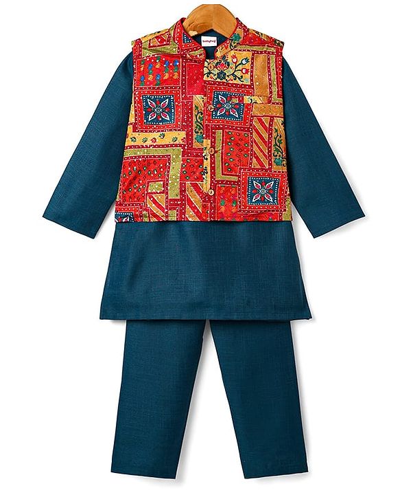 Babyhug Woven Full Sleeves Ethnic Motif Printed Kurta Pajama Set with Jacket & Sequin Detailing - Navy Blue