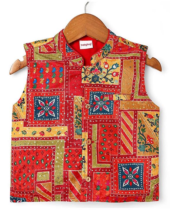 Babyhug Woven Full Sleeves Ethnic Motif Printed Kurta Pajama Set with Jacket & Sequin Detailing - Navy Blue