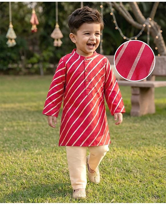 Babyhug Woven Full Sleeves Kurta Pyjama Set with Stripes - Red
