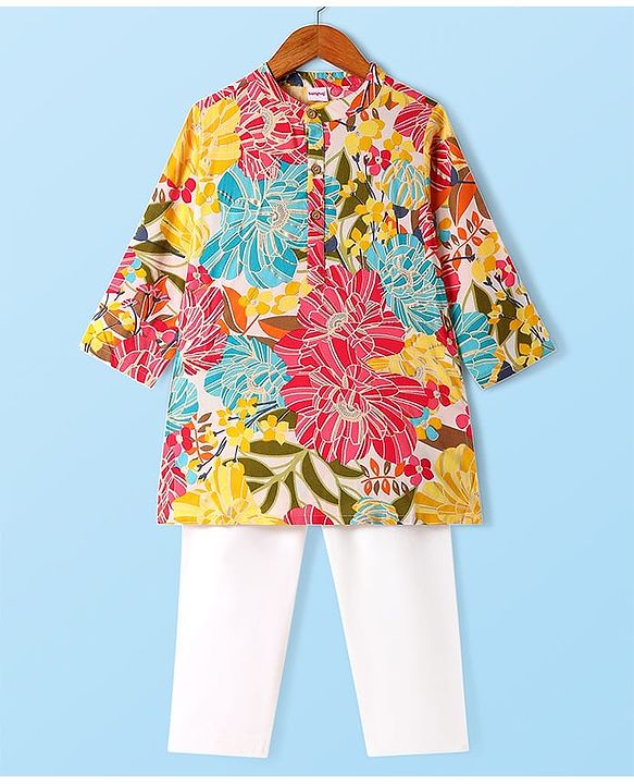 Babyhug Woven Full Sleeves Kurta Pyjama Set with Floral Print - Yellow & White