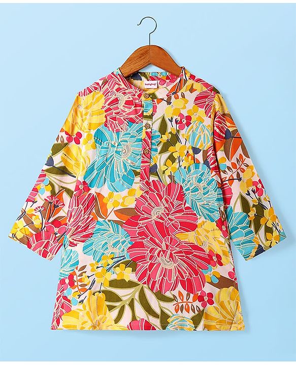 Babyhug Woven Full Sleeves Kurta Pyjama Set with Floral Print - Yellow & White