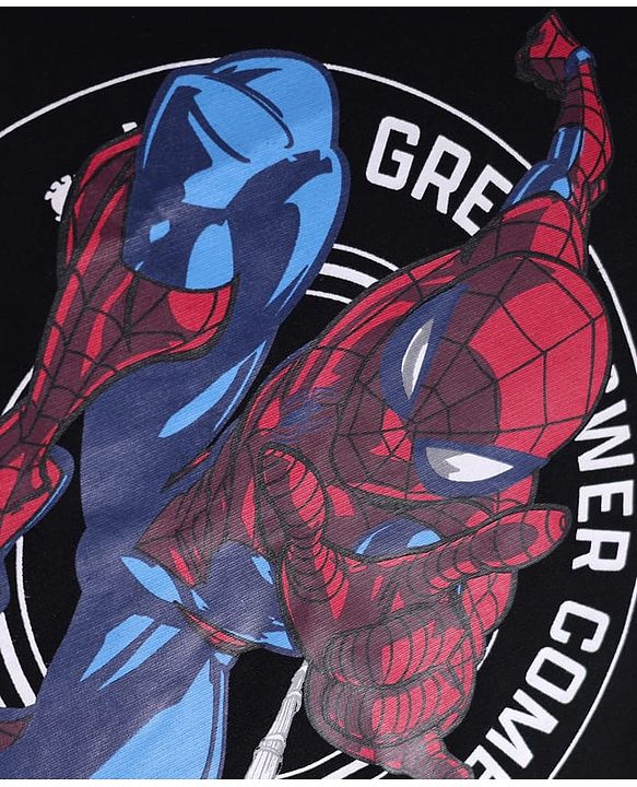 Pine Kids Marvel Terry Knit Half Sleeves Drop Shoulder Oversized T-Shirt With Front And Back Spider-Man Graphics - Black