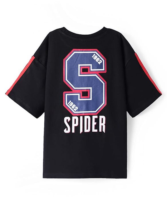 Pine Kids Marvel Terry Knit Half Sleeves Drop Shoulder Oversized T-Shirt With Front And Back Spider-Man Graphics - Black