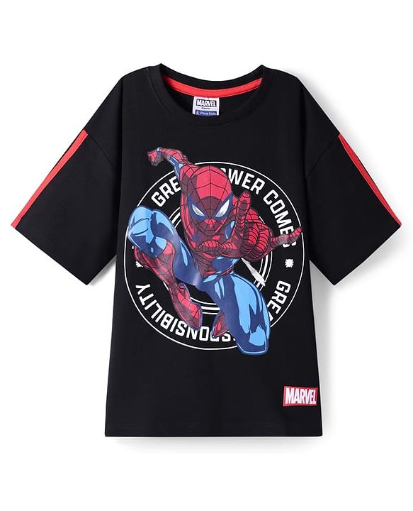 Pine Kids Marvel Terry Knit Half Sleeves Drop Shoulder Oversized T-Shirt With Front And Back Spider-Man Graphics - Black