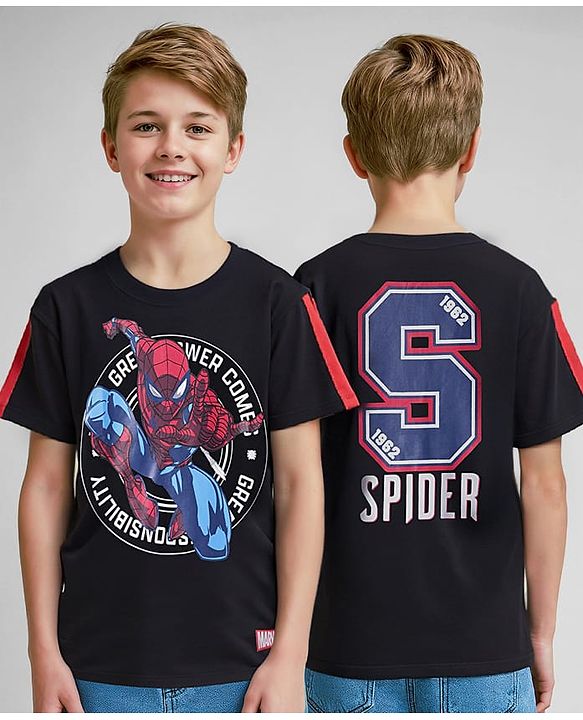 Pine Kids Marvel Terry Knit Half Sleeves Drop Shoulder Oversized T-Shirt With Front And Back Spider-Man Graphics - Black