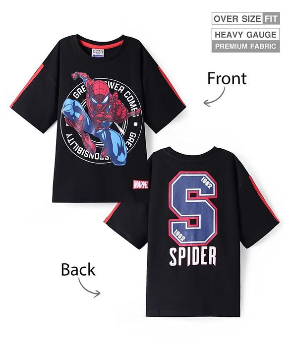 Pine Kids Marvel Terry Knit Half Sleeves Drop Shoulder Oversized T-Shirt With Front And Back Spider-Man Graphics - Black