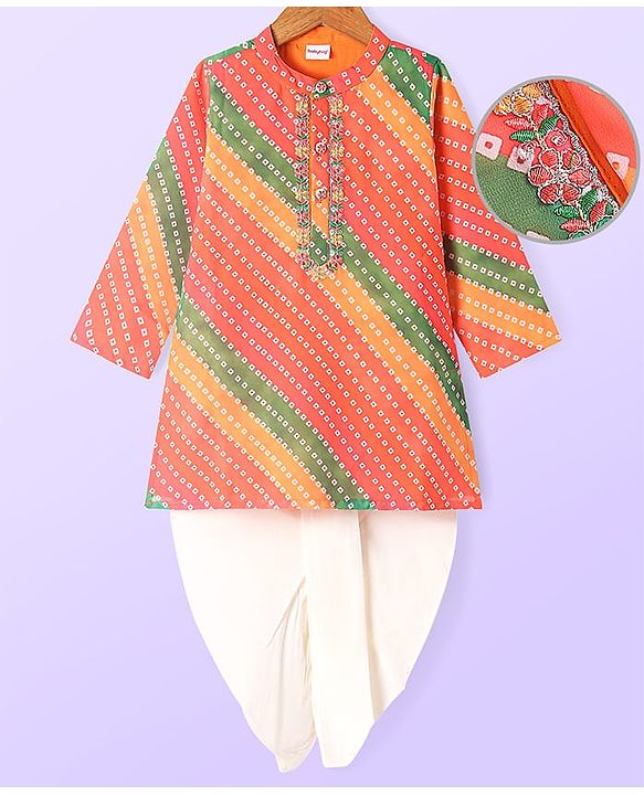 Babhug Woven Full Sleeves Bandhani Printed Dhoti Kurta Set with Floral Embroidery - Red & Orange