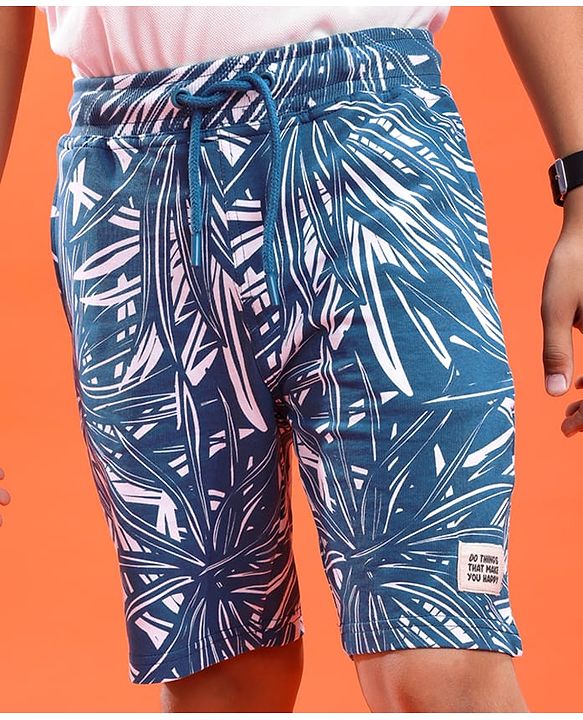 Pine Kids Looper Knit Above Knee Length Shorts With Leaf Print - Royal Blue