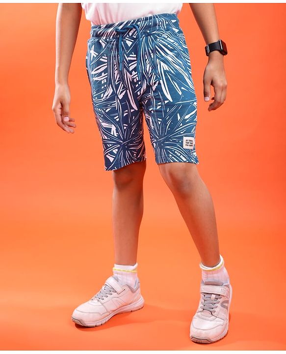 Pine Kids Looper Knit Above Knee Length Shorts With Leaf Print - Royal Blue