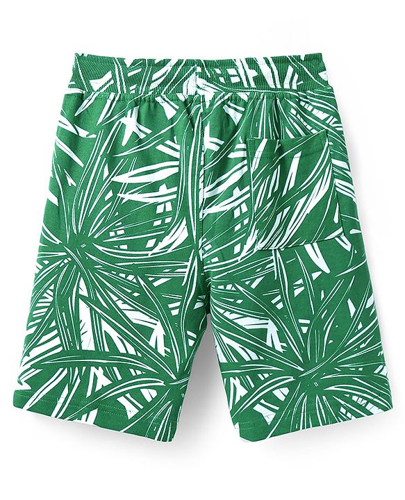 Pine Kids Looper Knit Above Knee Length Shorts With Leaf Print - Green