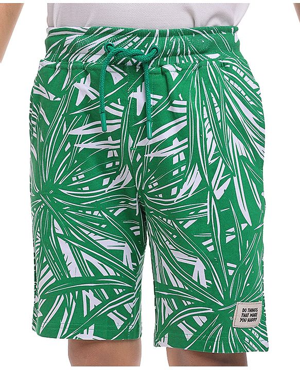 Pine Kids Looper Knit Above Knee Length Shorts With Leaf Print - Green