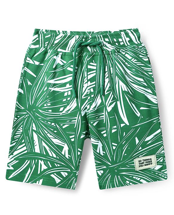Pine Kids Looper Knit Above Knee Length Shorts With Leaf Print - Green