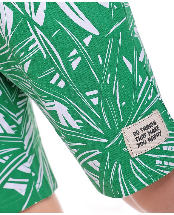 Pine Kids Looper Knit Above Knee Length Shorts With Leaf Print - Green