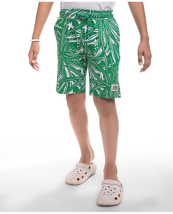 Pine Kids Looper Knit Above Knee Length Shorts With Leaf Print - Green