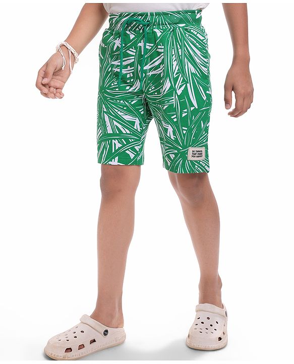 Pine Kids Looper Knit Above Knee Length Shorts With Leaf Print - Green