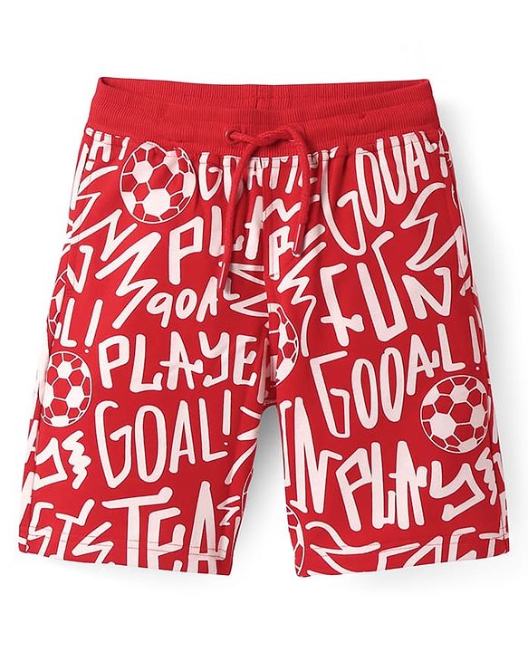 Pine Kids Looper Knit Above Knee Length Shorts with Play Text Print - Red