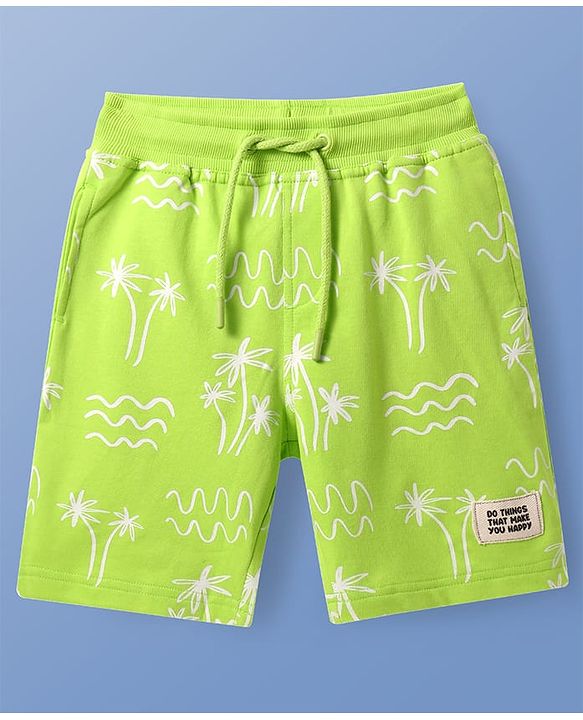 Pine Kids Looper Knit Above Knee Length Shorts With Tropical Theme Print - Lime Green