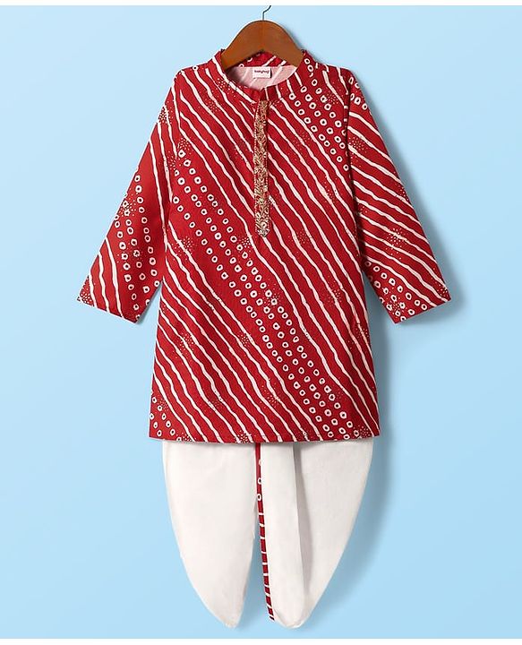 Babyhug Woven Full Sleeves Leheriya Kurta Dhoti Set With Foil Print - Red & White