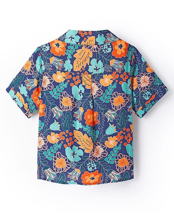 Pine Kids Woven Half Sleeves Shirt Style Top with Floral Print & Knot Detailing - Navy Blue