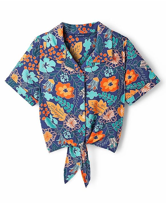 Pine Kids Woven Half Sleeves Shirt Style Top with Floral Print & Knot Detailing - Navy Blue
