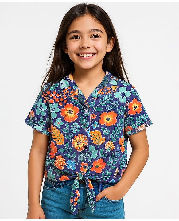 Pine Kids Woven Half Sleeves Shirt Style Top with Floral Print & Knot Detailing - Navy Blue