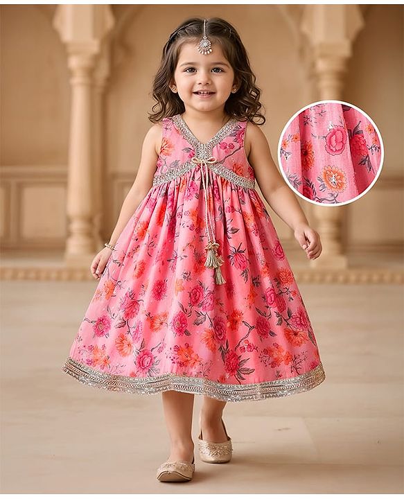 Babyhug Cotton Cambric Woven Sleeveless Floral Printed Ethnic Dress with Tassle & Sequin Detailing - Pink