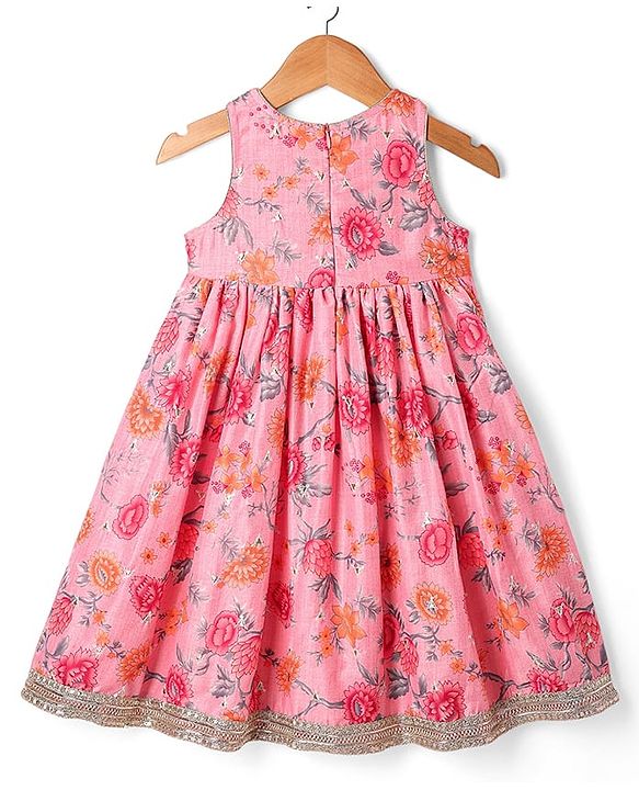 Babyhug Cotton Cambric Woven Sleeveless Floral Printed Ethnic Dress with Tassle & Sequin Detailing - Pink
