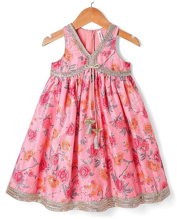 Babyhug Cotton Cambric Woven Sleeveless Floral Printed Ethnic Dress with Tassle & Sequin Detailing - Pink