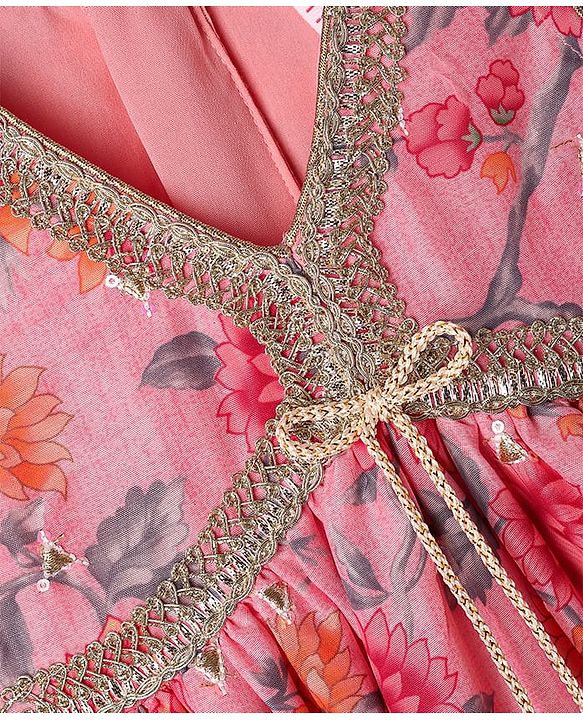Babyhug Cotton Cambric Woven Sleeveless Floral Printed Ethnic Dress with Tassle & Sequin Detailing - Pink