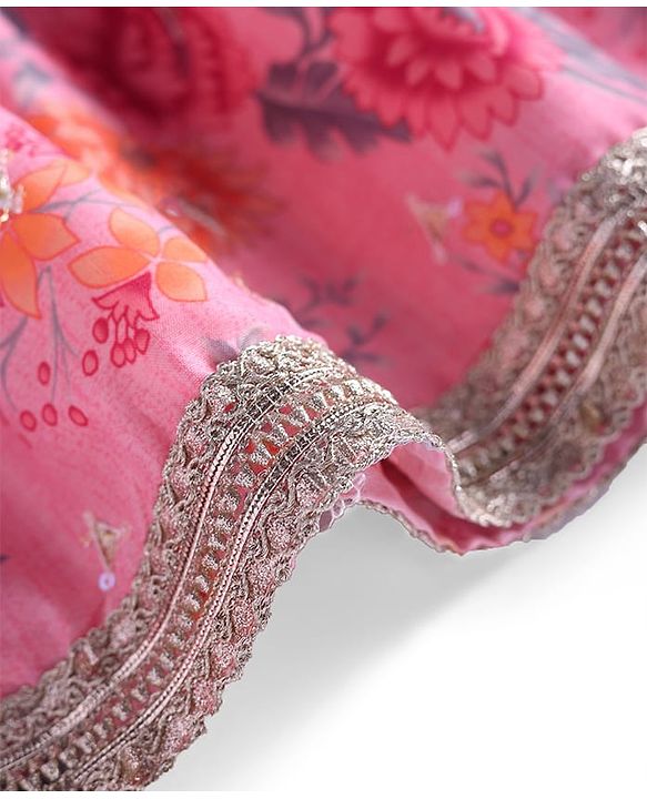 Babyhug Cotton Cambric Woven Sleeveless Floral Printed Ethnic Dress with Tassle & Sequin Detailing - Pink