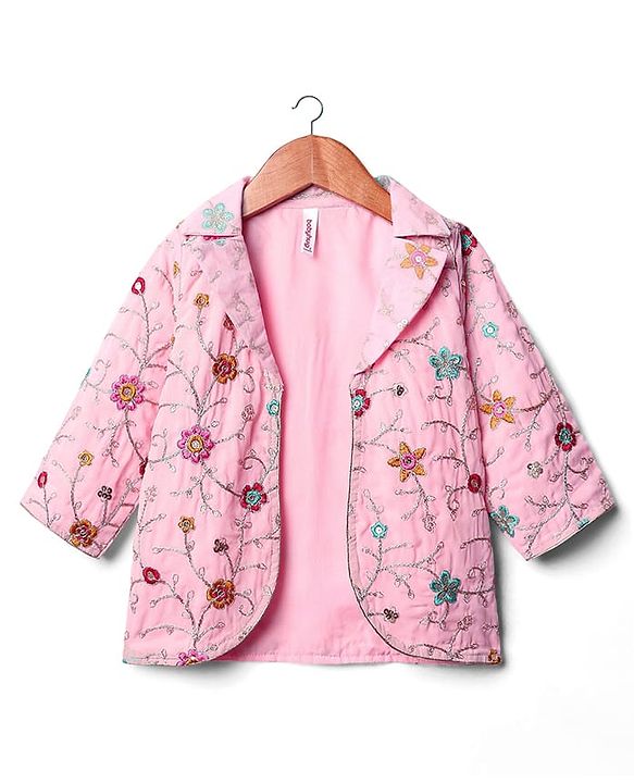 Babyhug Woven Three Fourth Sleeves Top & Palazzo Set with Floral Embroidered Jacket and Lace Detailing - Pink
