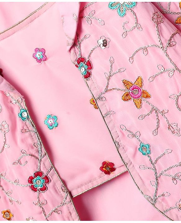 Babyhug Woven Three Fourth Sleeves Top & Palazzo Set with Floral Embroidered Jacket and Lace Detailing - Pink
