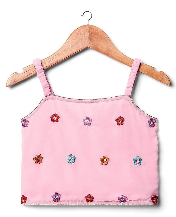 Babyhug Woven Three Fourth Sleeves Top & Palazzo Set with Floral Embroidered Jacket and Lace Detailing - Pink