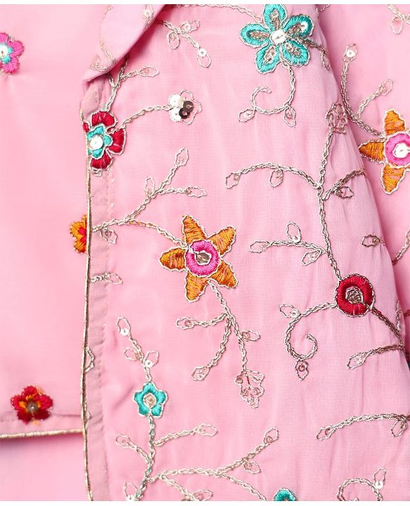 Babyhug Woven Three Fourth Sleeves Top & Palazzo Set with Floral Embroidered Jacket and Lace Detailing - Pink