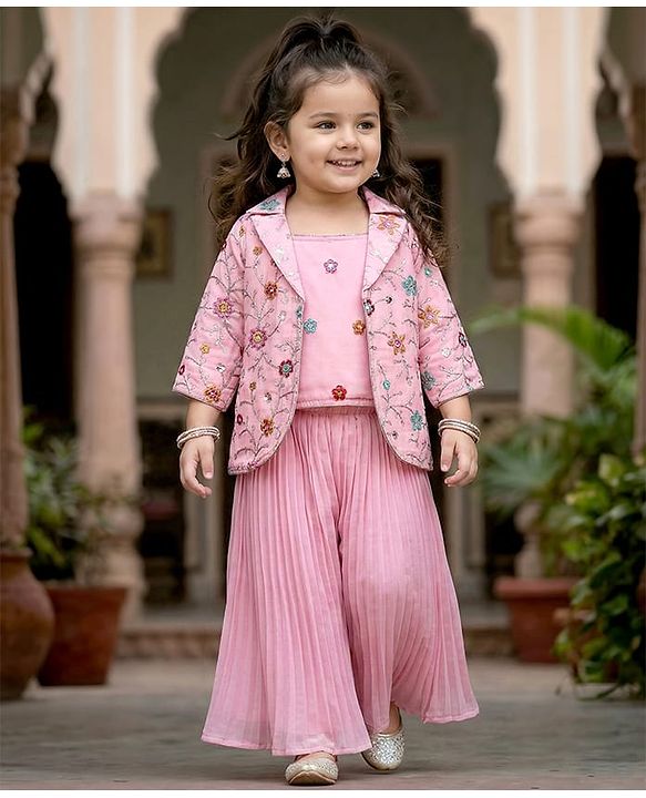 Babyhug Woven Three Fourth Sleeves Top & Palazzo Set with Floral Embroidered Jacket and Lace Detailing - Pink