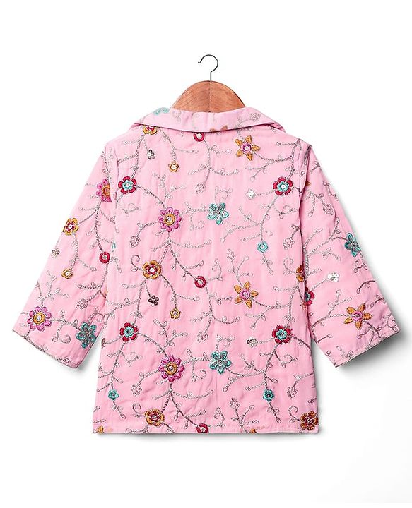 Babyhug Woven Three Fourth Sleeves Top & Palazzo Set with Floral Embroidered Jacket and Lace Detailing - Pink
