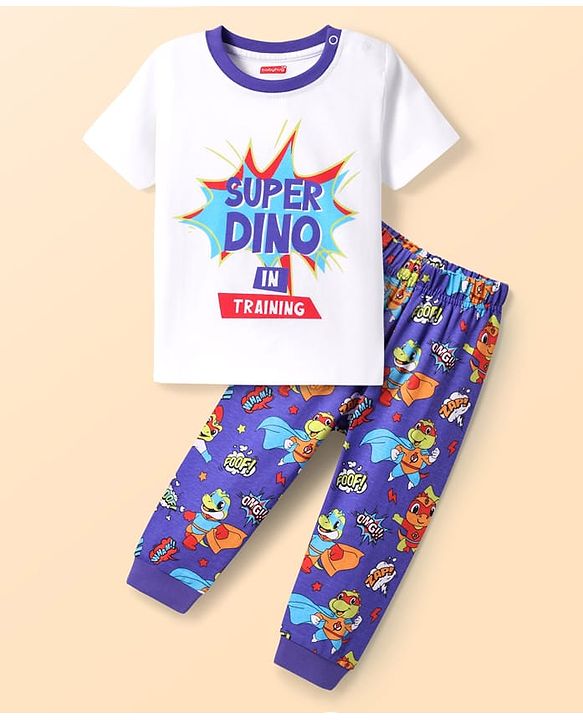 Babyhug Cotton Knit Half Sleeves Night Suit with Dino Print - White & Blue