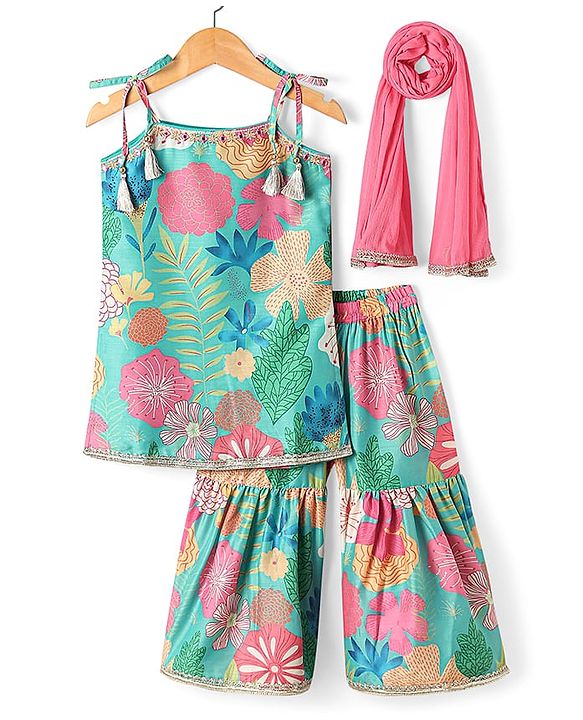 Babyhug Woven Singlet Sleeves Floral Printed Kurti Gharara Set with Dupatta - Mint Green