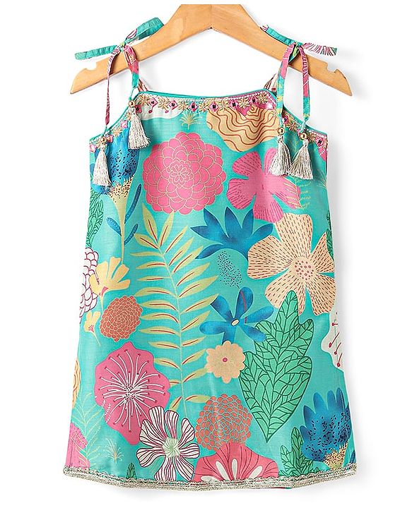 Babyhug Woven Singlet Sleeves Floral Printed Kurti Gharara Set with Dupatta - Mint Green